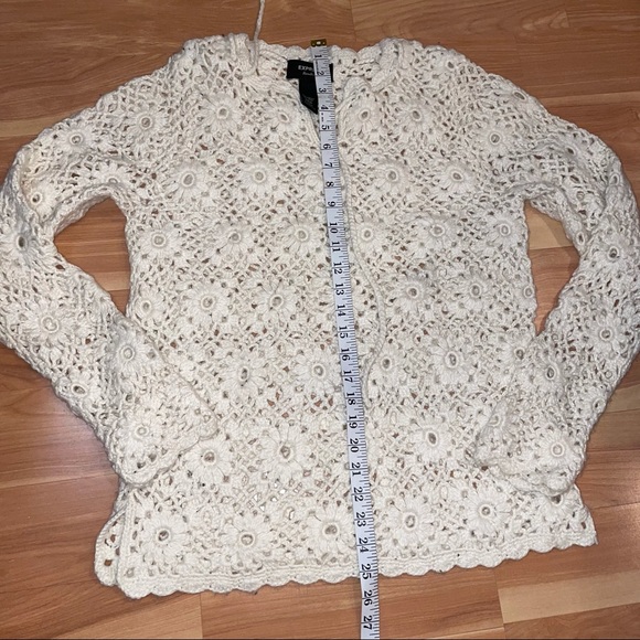 EXPRESS Handknit Open Knit Cream Ivory  granny chic Crochet Wool  Sweater Small - Picture 5 of 13